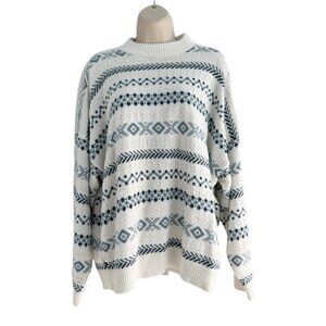 VTG American Pride Womens Sz 24W Off White & Blue Fair Isle Pullover Sweater USA